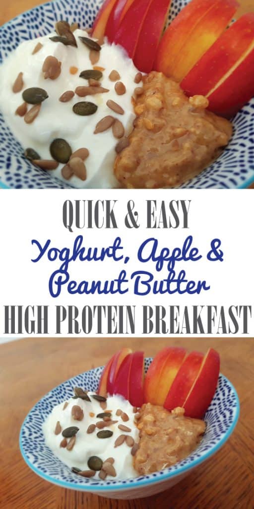 Yogurt, apple and peanut butter breakfast bowl recipe. Quick and easy high protein breakfast recipe. 