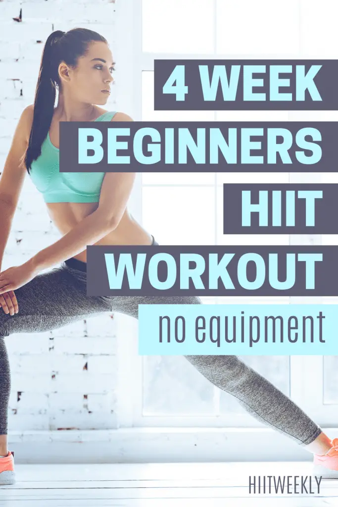 Improve your fitness and lose weight with this 4 week beginners HIIT workout program. 4 week progressove workout plan to lose weight and get fit with no equipment at home. 