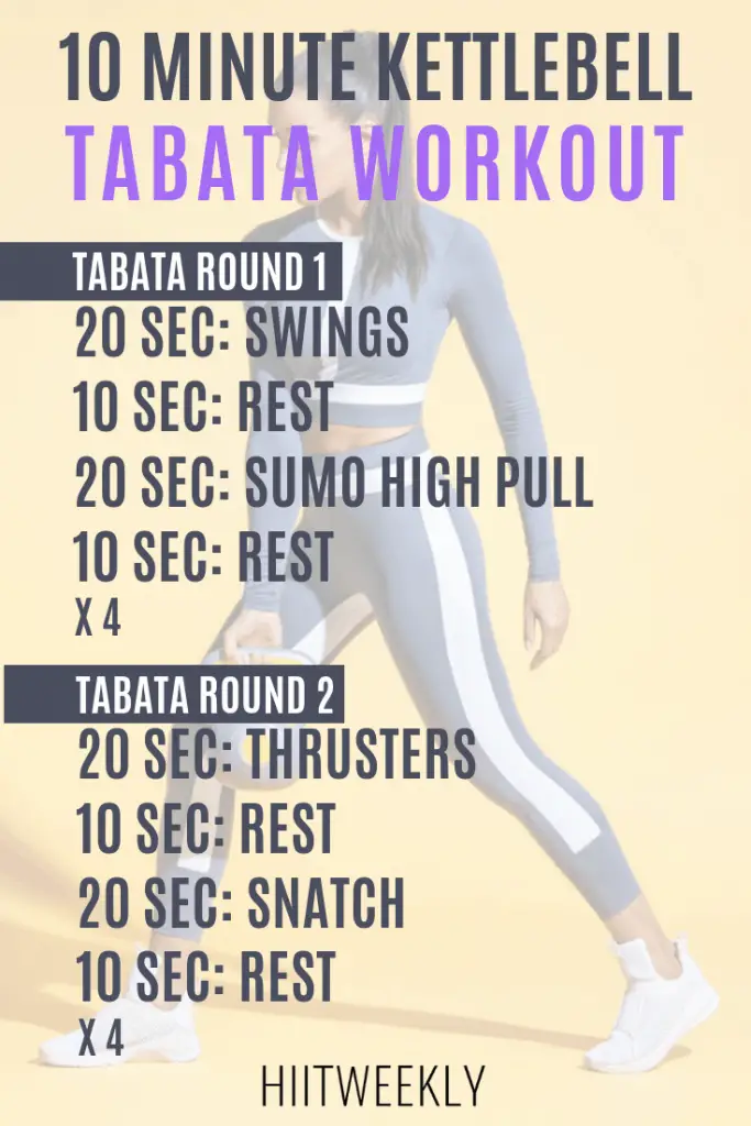 10 minute Tabata workouts with kettlebells that you can do at hojme. the plan consists of 2 Tabata workouts for a quick fat burning workout.