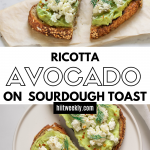 Start your day on a wholesome note! Enjoy the goodness of ripe avocado and smooth ricotta on a hearty slice of sourdough. A delicious and nutritious way to kick off your morning.