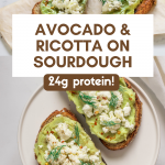 Indulge in the ultimate toast experience! Savor the luxurious blend of creamy avocado and luscious ricotta on a base of crispy sourdough. A symphony of taste and satisfaction.