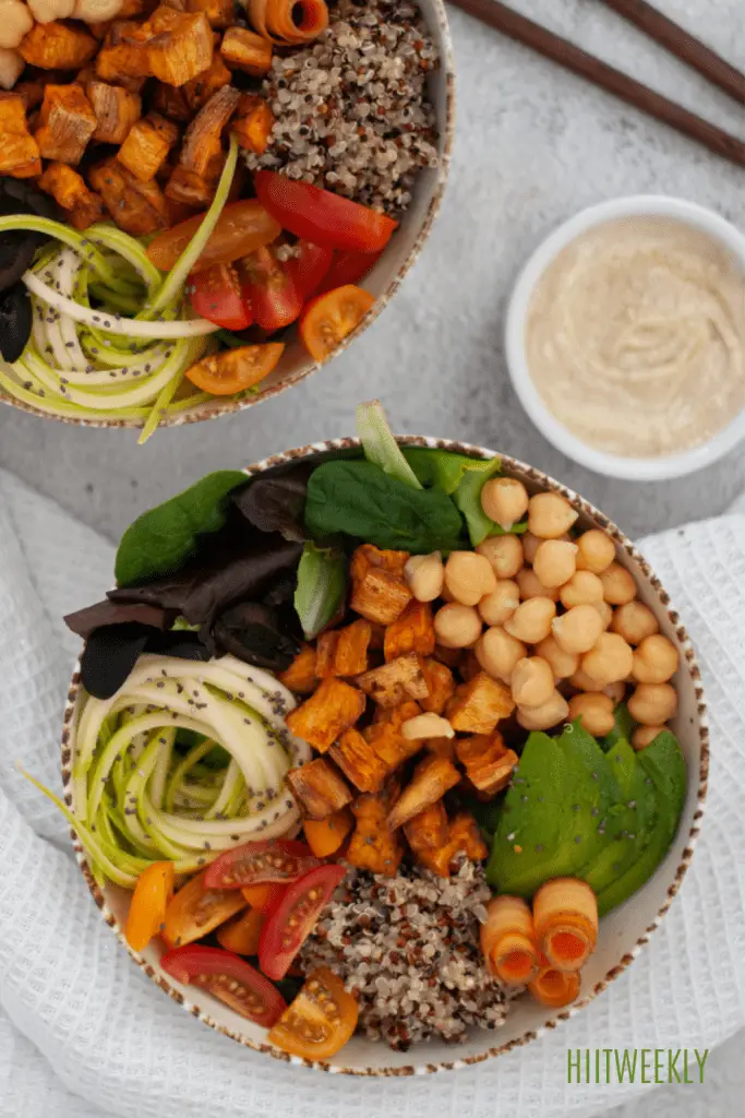 This vegan buddha bowl is packed full of healthy protein. With the perfectly balanced quinoa, hearty chickpeas, and delicious sweet potatoes. 