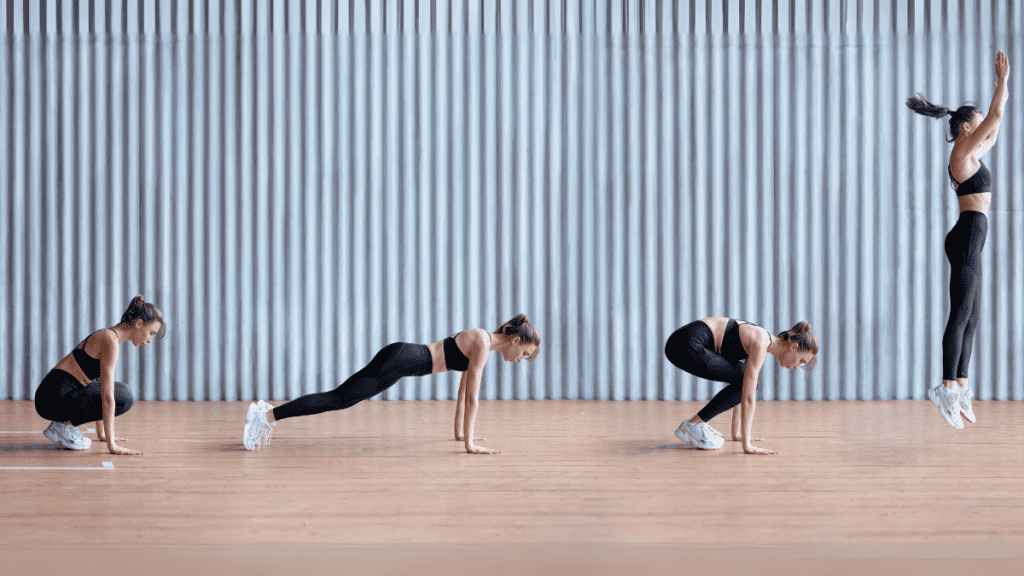Elevate your heart rate and target multiple muscle groups with burpees. This dynamic exercise is effective for full-body toning and cardiovascular fitness.