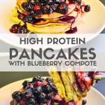 Indulge in a morning delight with these protein-packed pancakes topped with a sweet and tangy blueberry compote. A satisfying and delicious breakfast awaits!