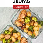 Simplify your meal prep routine with this wholesome recipe featuring spicy cayenne pepper chicken drumsticks alongside tender roasted baby potatoes and broccoli. Enjoy a week's worth of delicious and balanced meals in no time!